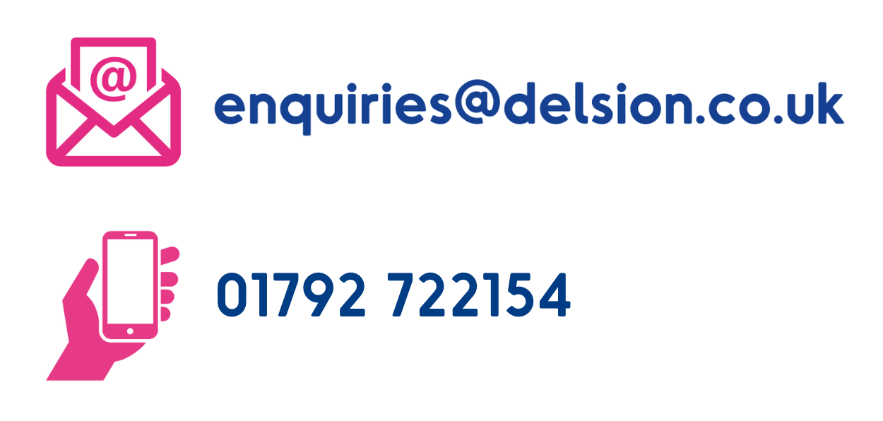Icons: Letter opening to reveal an @, hand holding phone. Text: Enquiries@delsion.co.uk, 01792 277399
